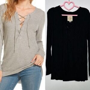 Chaser NWT Long Sleeve Lace Up Thermal Knit Tunic Tee Top True Black Size Medium